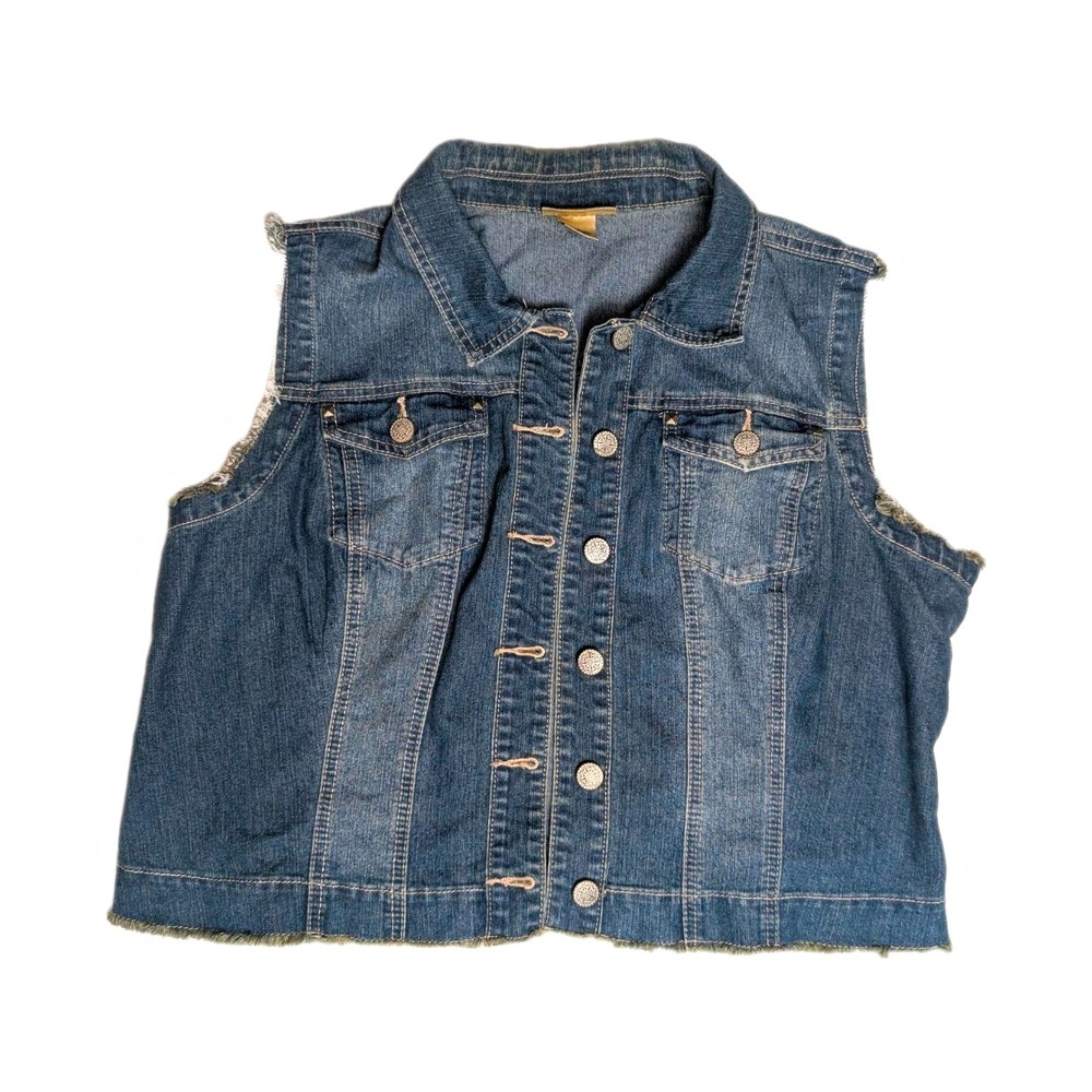 SOS Casuals Women's XL Denim Vest Blue Jean Frayed Raw Edge Studded Western Y2K